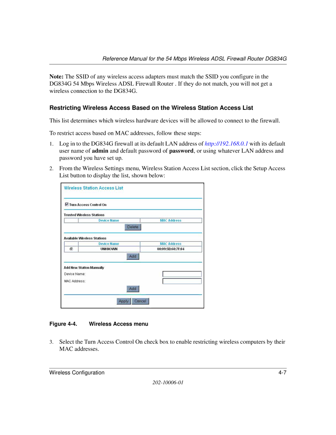 NETGEAR DG834G manual Wireless Access menu 