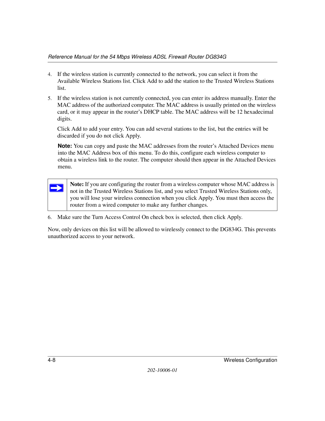 NETGEAR DG834G manual Wireless Configuration 