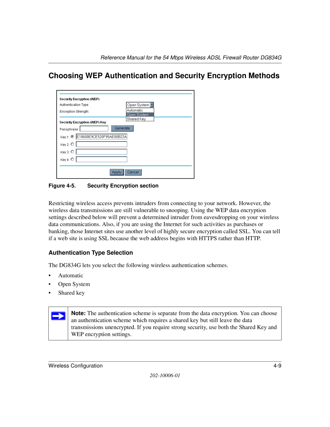 NETGEAR DG834G manual Choosing WEP Authentication and Security Encryption Methods, Authentication Type Selection 