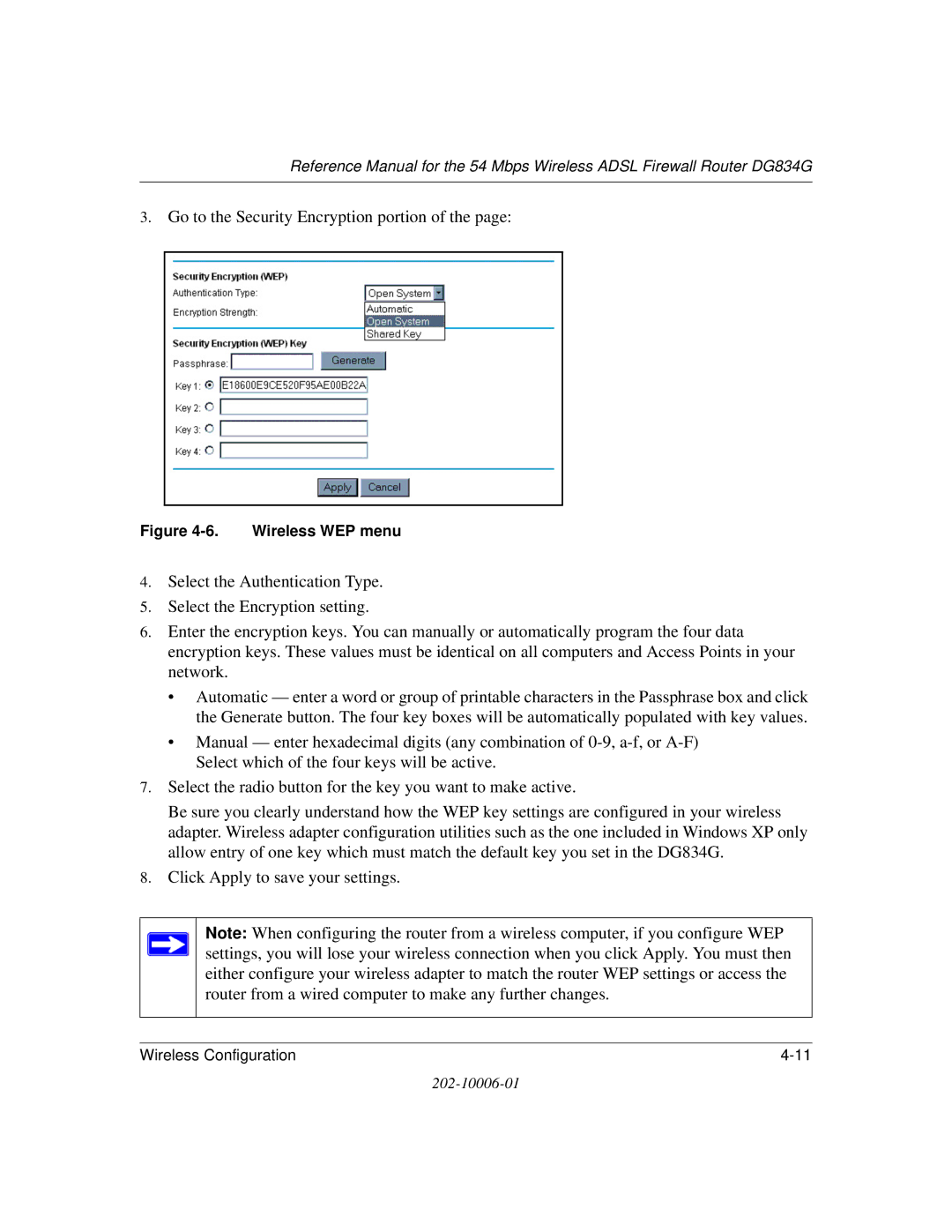 NETGEAR DG834G manual Go to the Security Encryption portion 