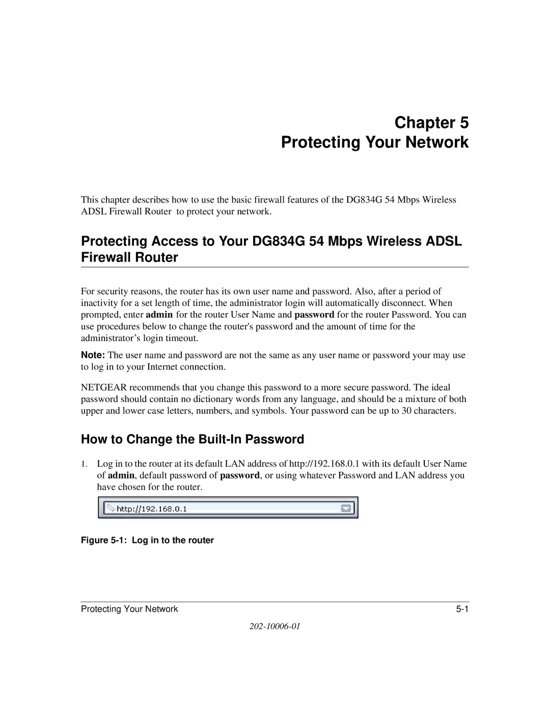 NETGEAR DG834G manual Chapter Protecting Your Network, How to Change the Built-In Password 