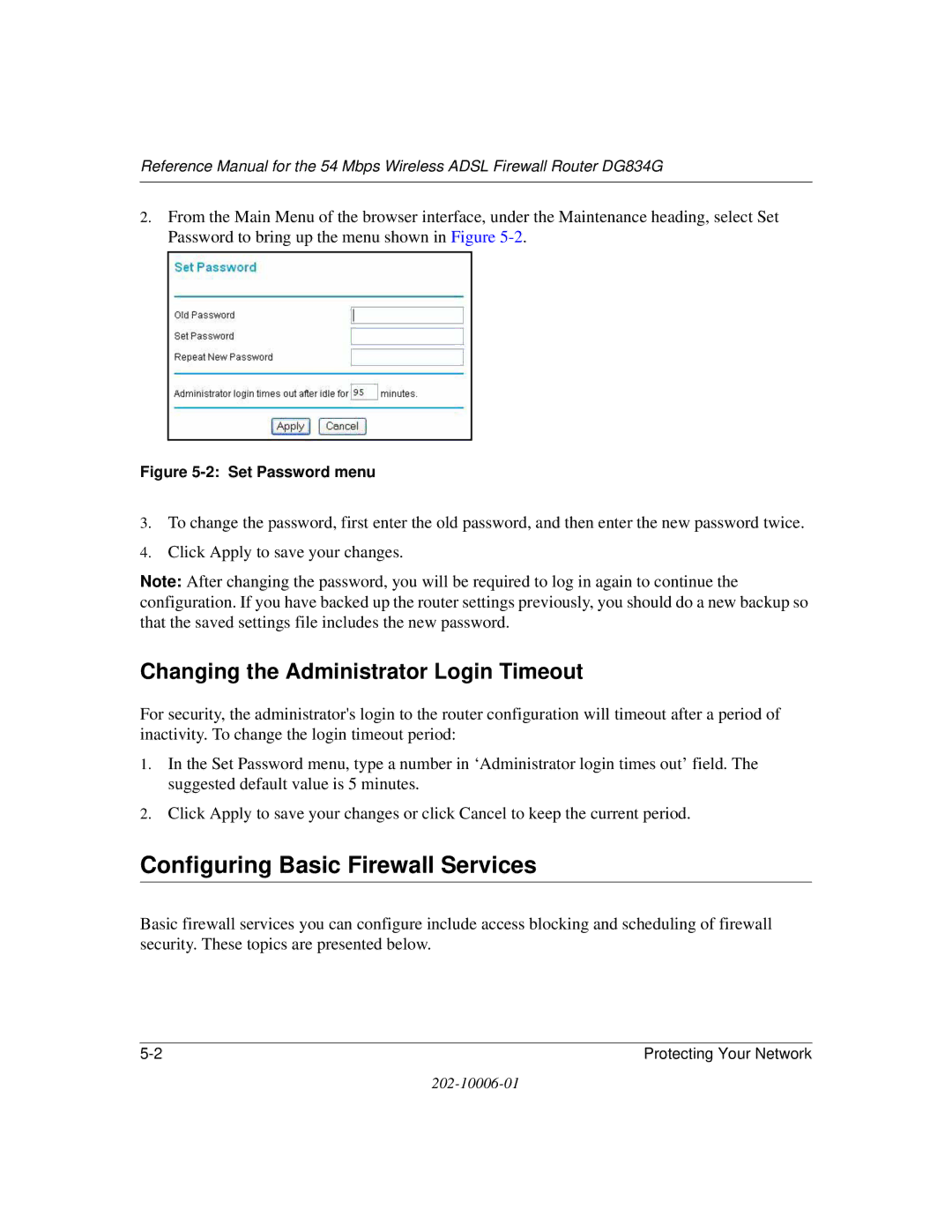 NETGEAR DG834G manual Configuring Basic Firewall Services, Changing the Administrator Login Timeout 