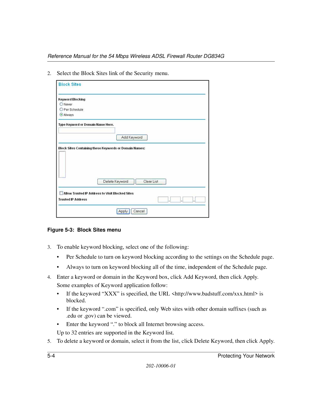 NETGEAR DG834G manual Select the Block Sites link of the Security menu 