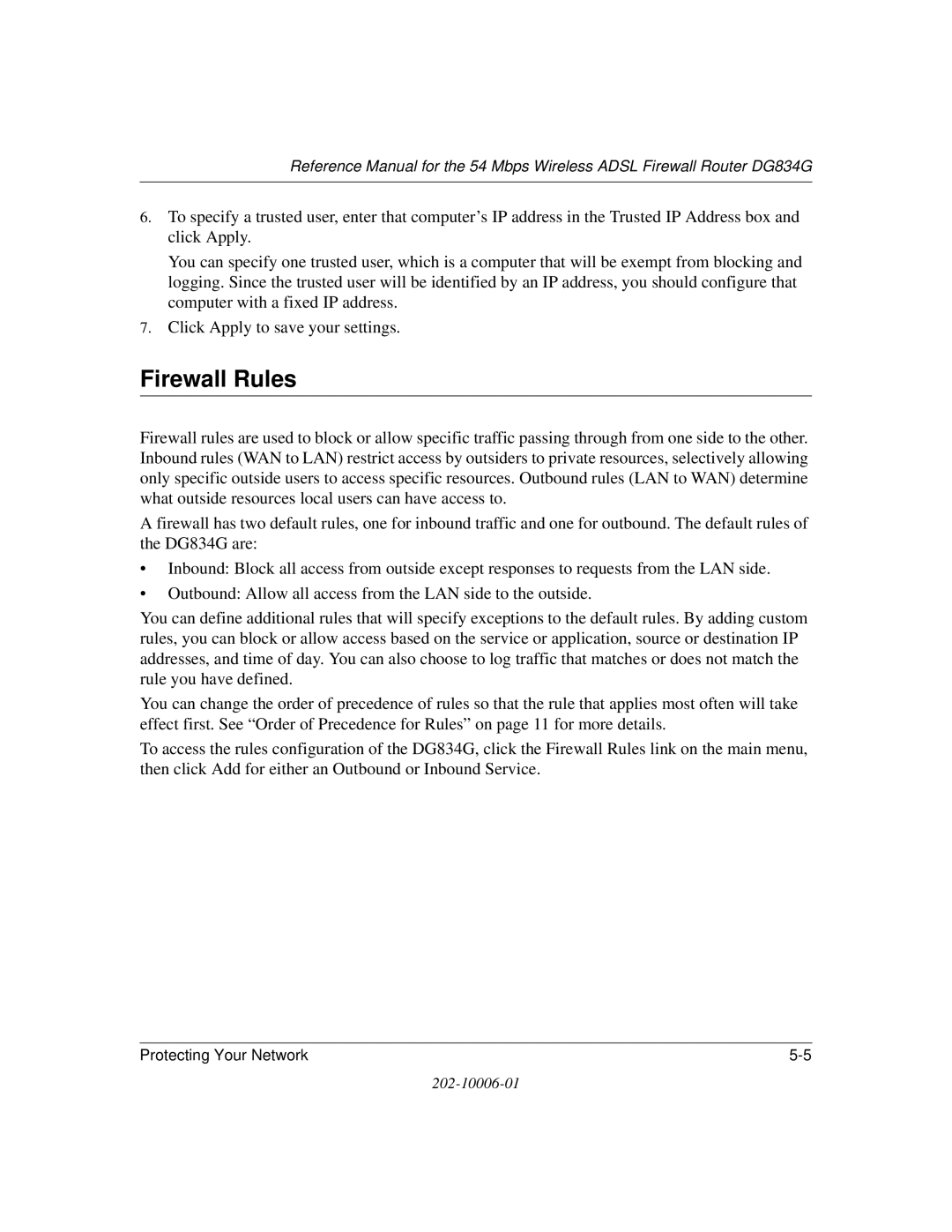 NETGEAR DG834G manual Firewall Rules 