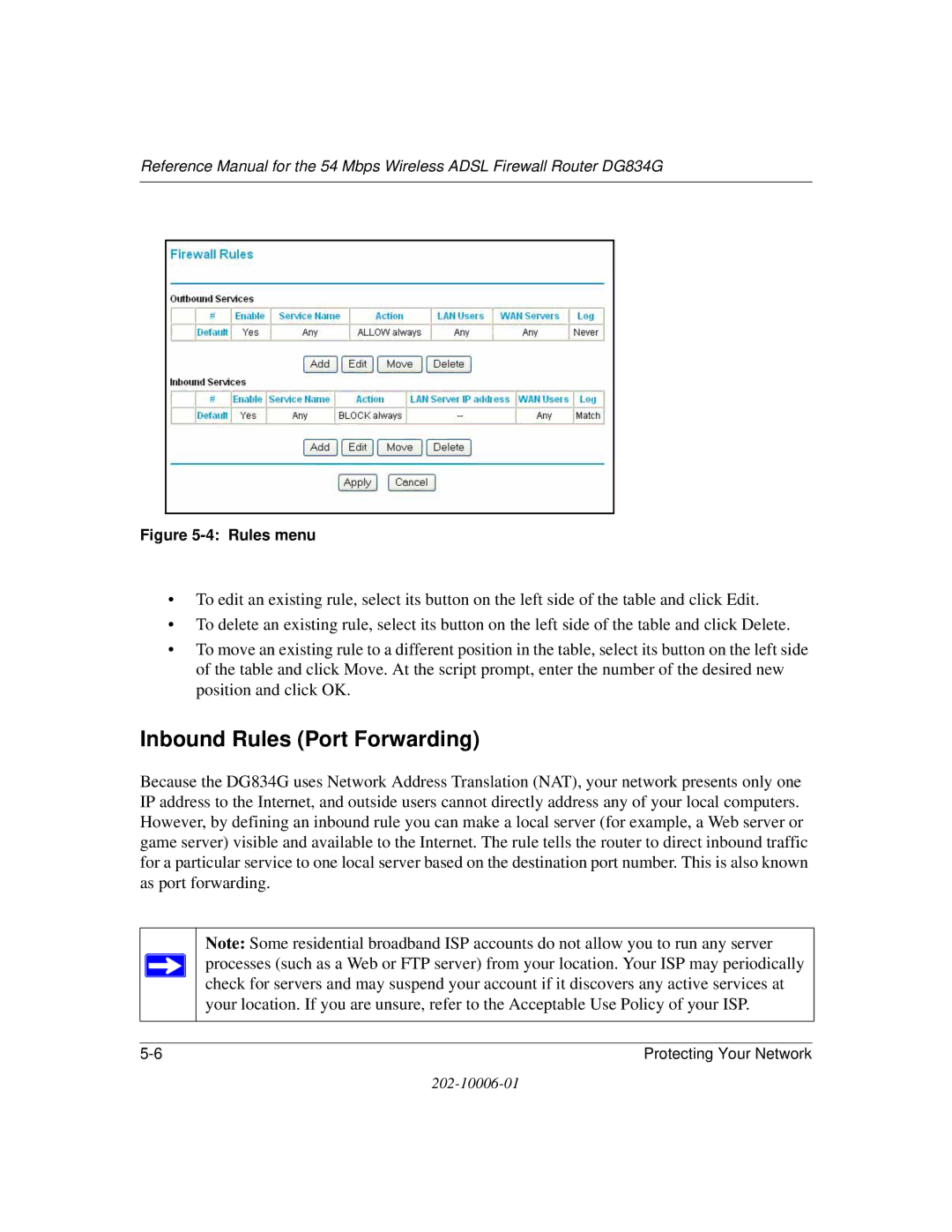 NETGEAR DG834G manual Inbound Rules Port Forwarding, Rules menu 