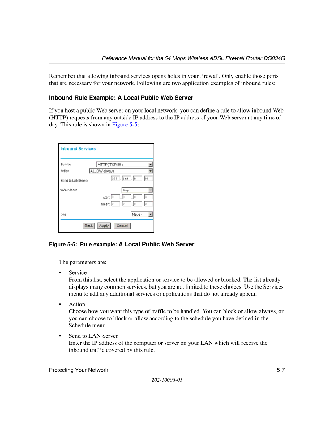 NETGEAR DG834G manual Inbound Rule Example a Local Public Web Server, Rule example a Local Public Web Server 