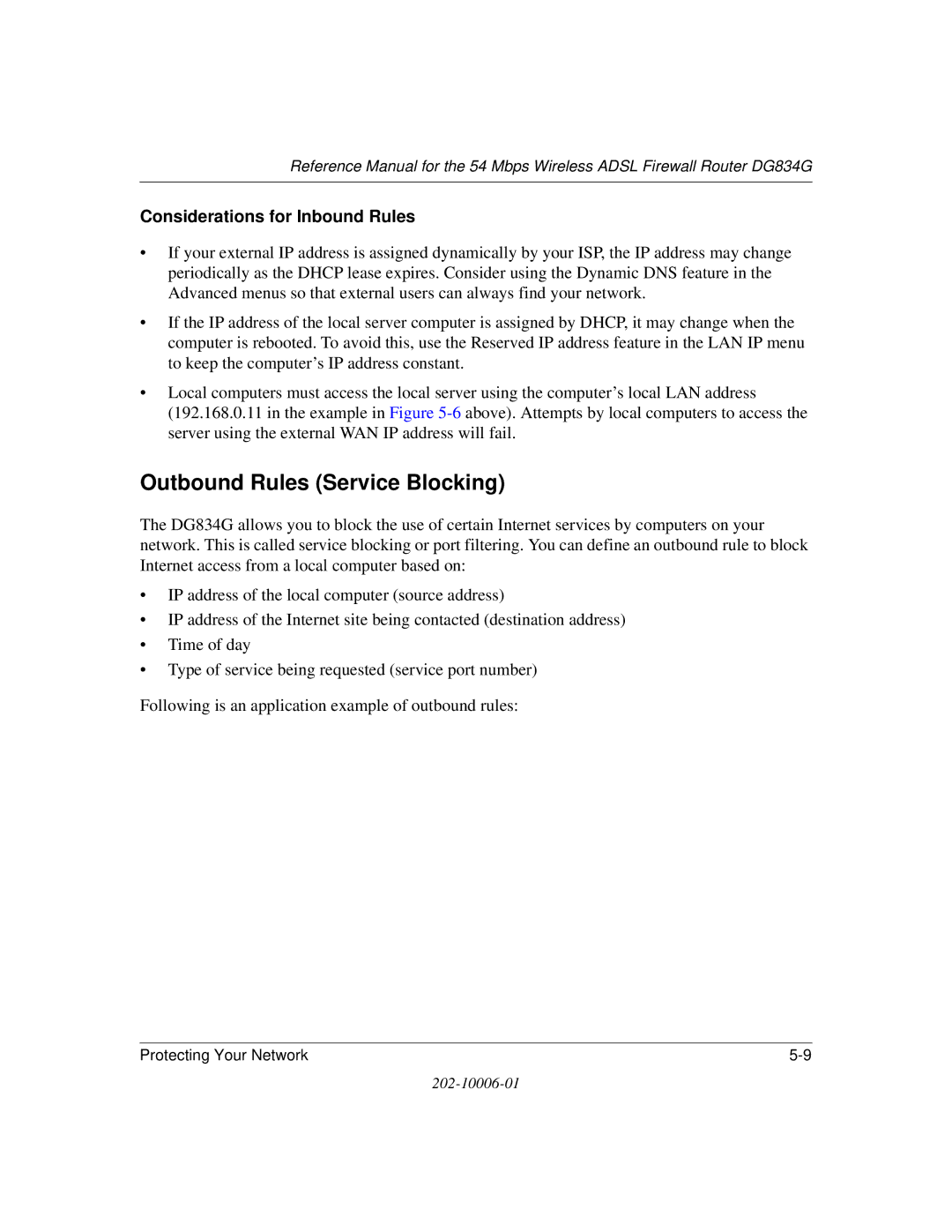 NETGEAR DG834G manual Outbound Rules Service Blocking, Considerations for Inbound Rules 