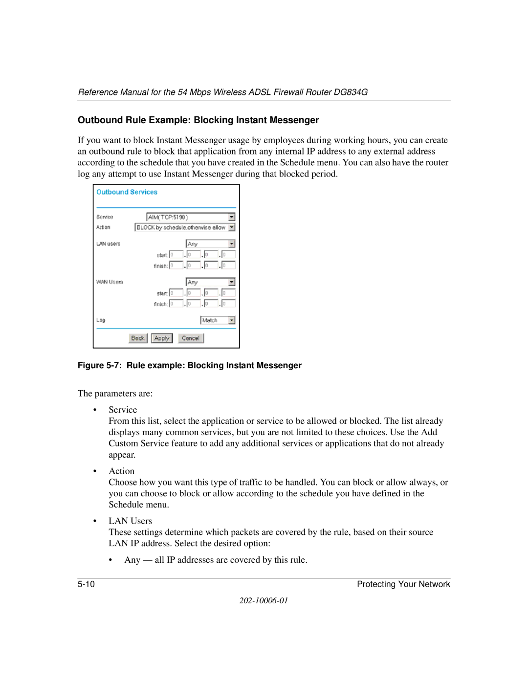 NETGEAR DG834G manual Outbound Rule Example Blocking Instant Messenger, Rule example Blocking Instant Messenger 