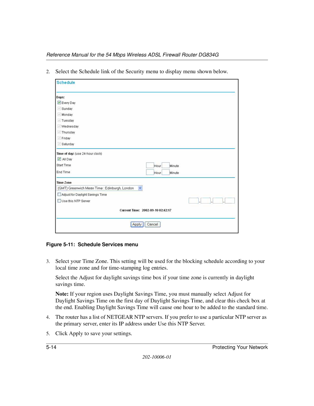 NETGEAR DG834G manual Schedule Services menu 