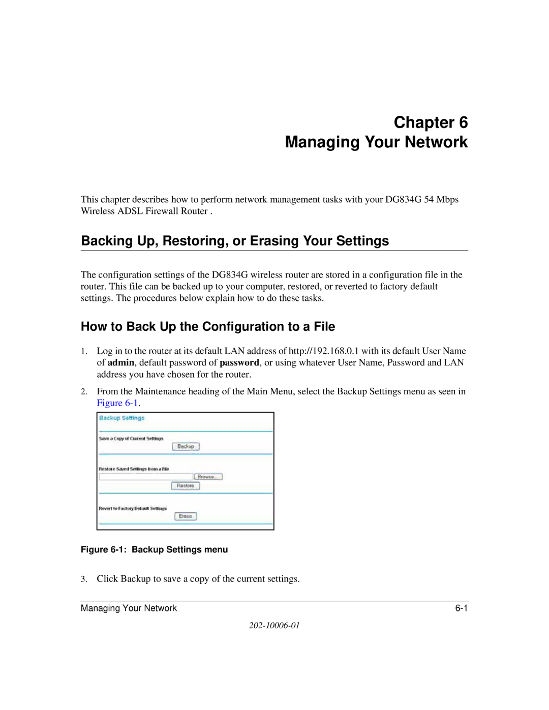 NETGEAR DG834G manual Chapter Managing Your Network, Backing Up, Restoring, or Erasing Your Settings 