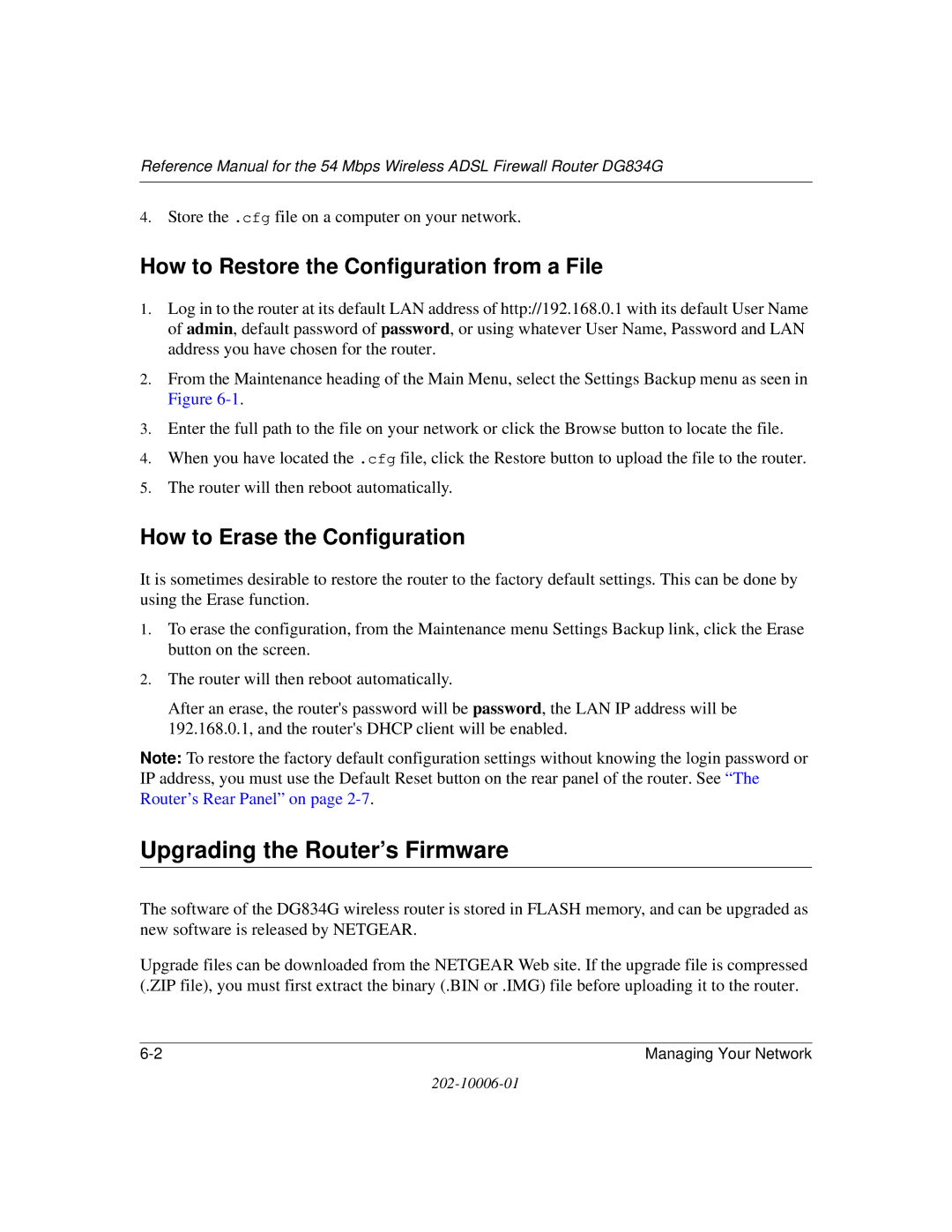 NETGEAR DG834G manual Upgrading the Router’s Firmware, How to Restore the Configuration from a File 