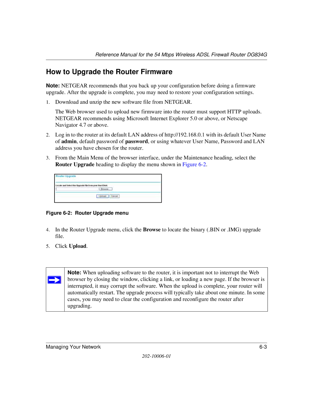 NETGEAR DG834G manual How to Upgrade the Router Firmware, Router Upgrade menu 