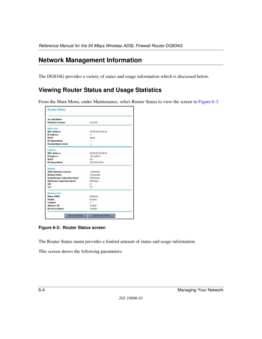 NETGEAR DG834G manual Network Management Information, Viewing Router Status and Usage Statistics 