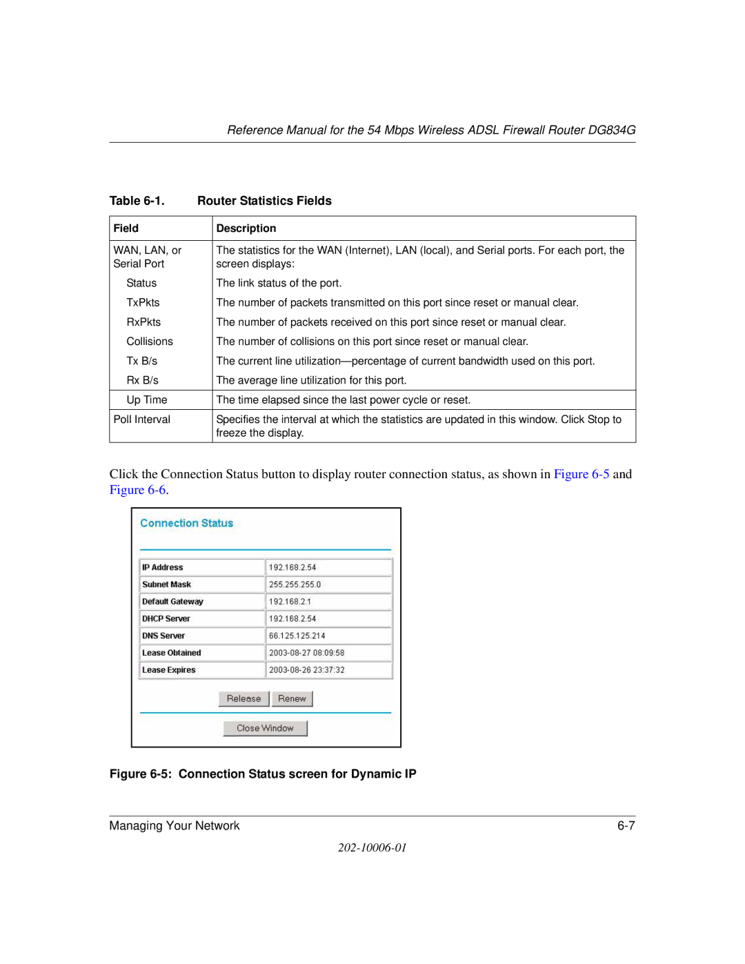 NETGEAR DG834G manual Connection Status screen for Dynamic IP 