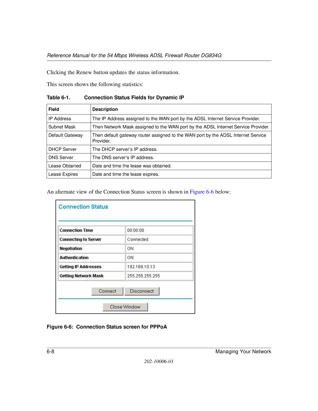 NETGEAR DG834G manual Connection Status screen for PPPoA 