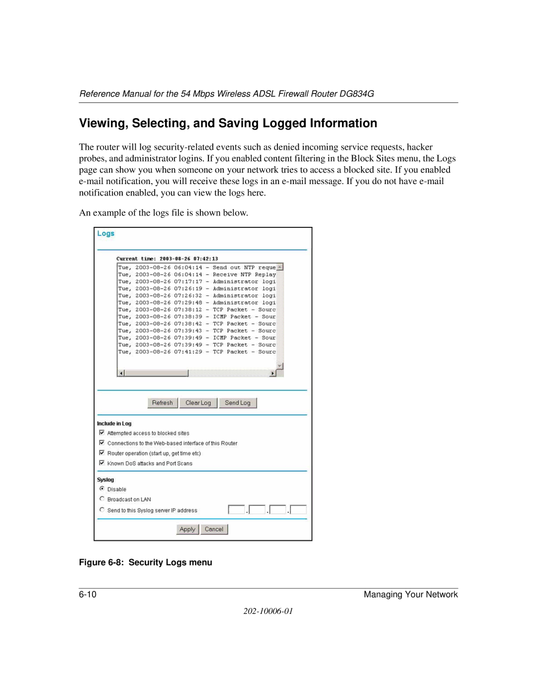 NETGEAR DG834G manual Viewing, Selecting, and Saving Logged Information, Security Logs menu 