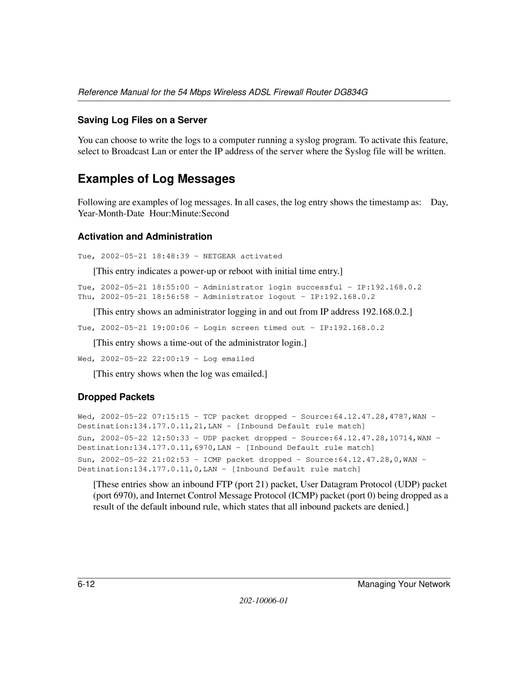 NETGEAR DG834G Examples of Log Messages, Saving Log Files on a Server, Activation and Administration, Dropped Packets 