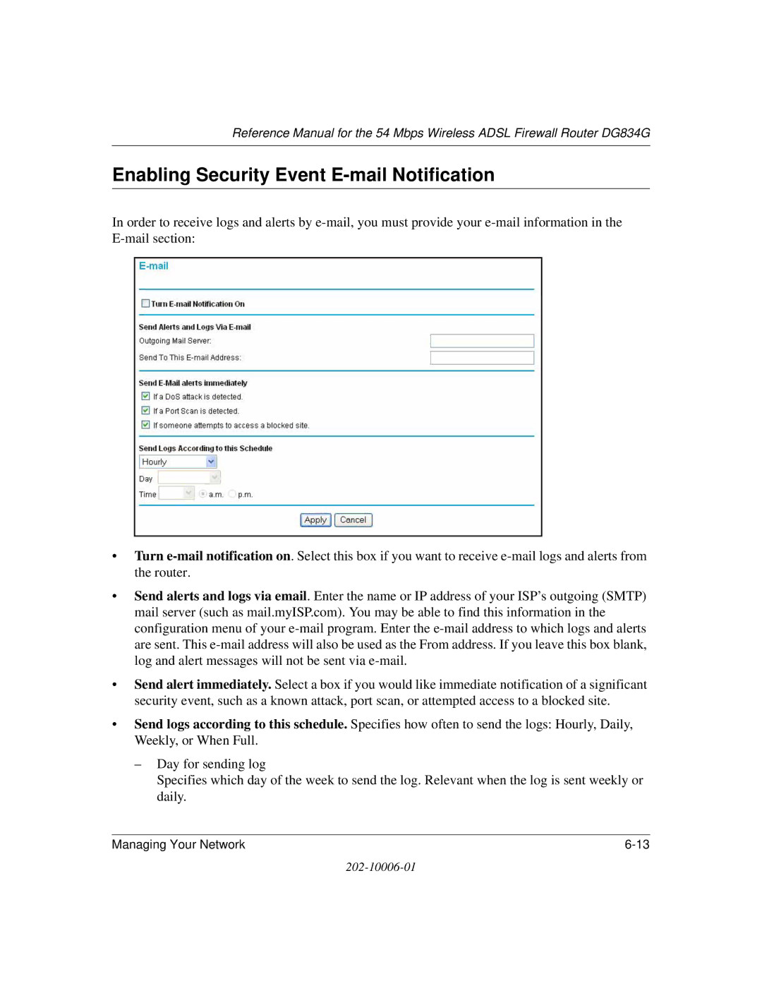 NETGEAR DG834G manual Enabling Security Event E-mail Notification 