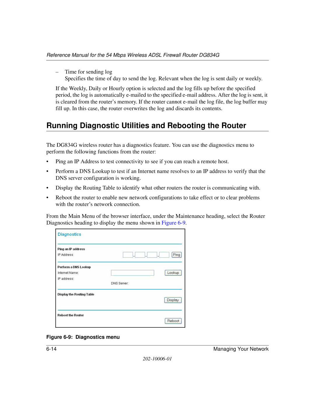 NETGEAR DG834G manual Running Diagnostic Utilities and Rebooting the Router, Diagnostics menu 