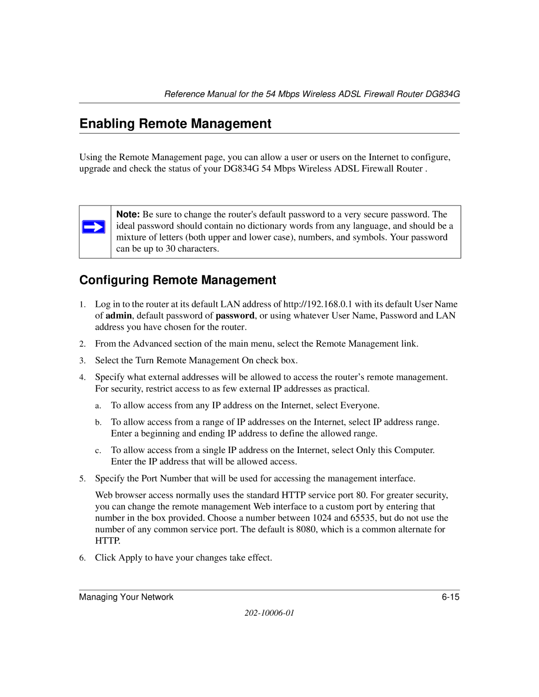 NETGEAR DG834G manual Enabling Remote Management, Configuring Remote Management 