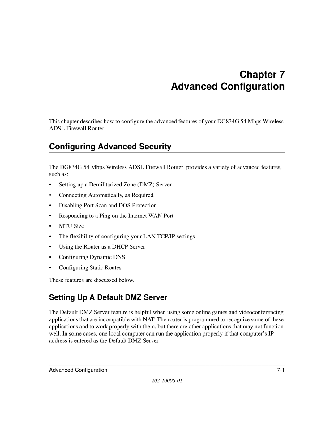 NETGEAR DG834G manual Chapter Advanced Configuration, Configuring Advanced Security, Setting Up a Default DMZ Server 