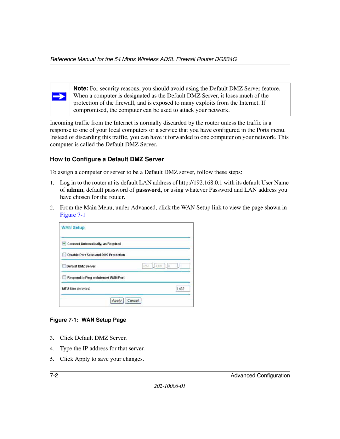 NETGEAR DG834G manual How to Configure a Default DMZ Server, WAN Setup 