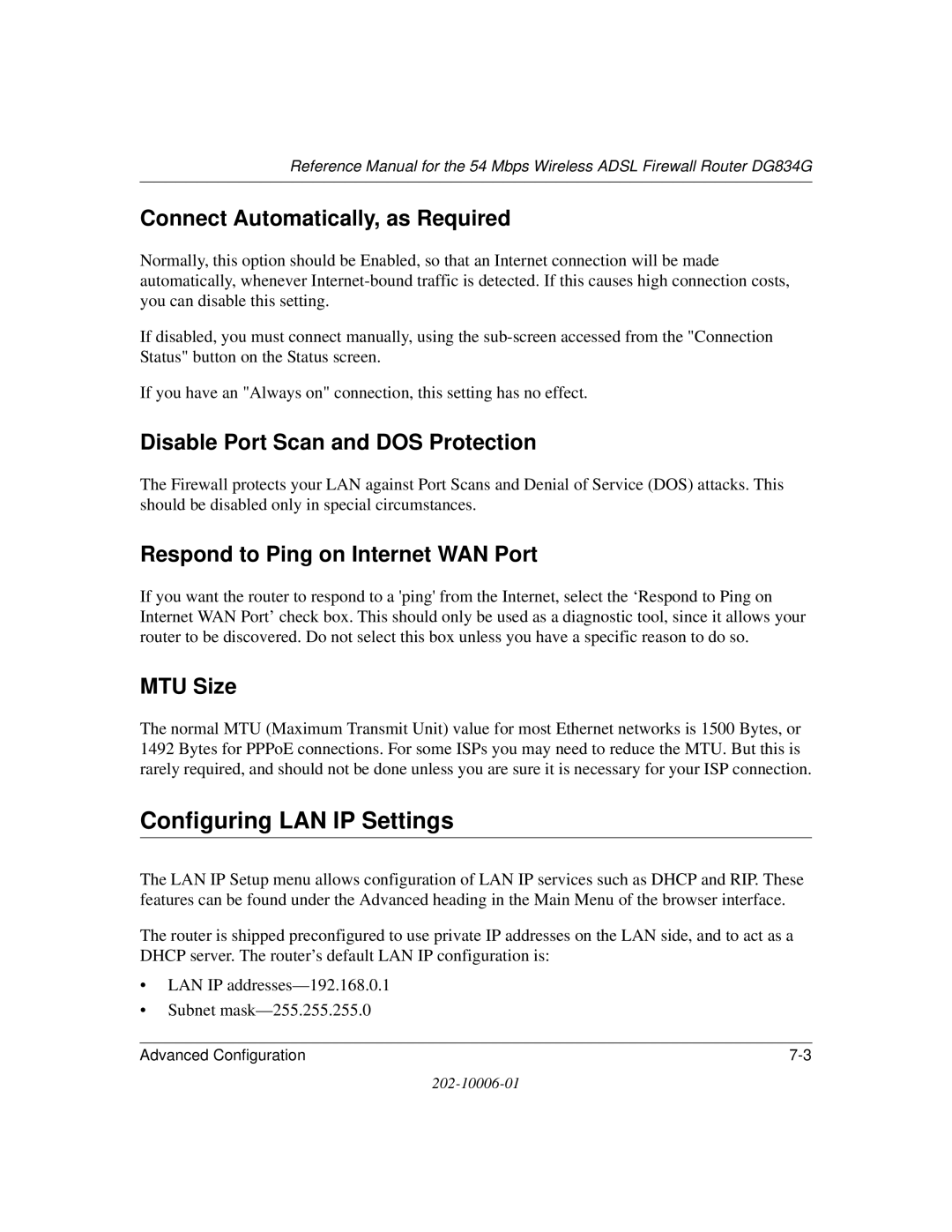 NETGEAR DG834G manual Configuring LAN IP Settings, Connect Automatically, as Required, Disable Port Scan and DOS Protection 