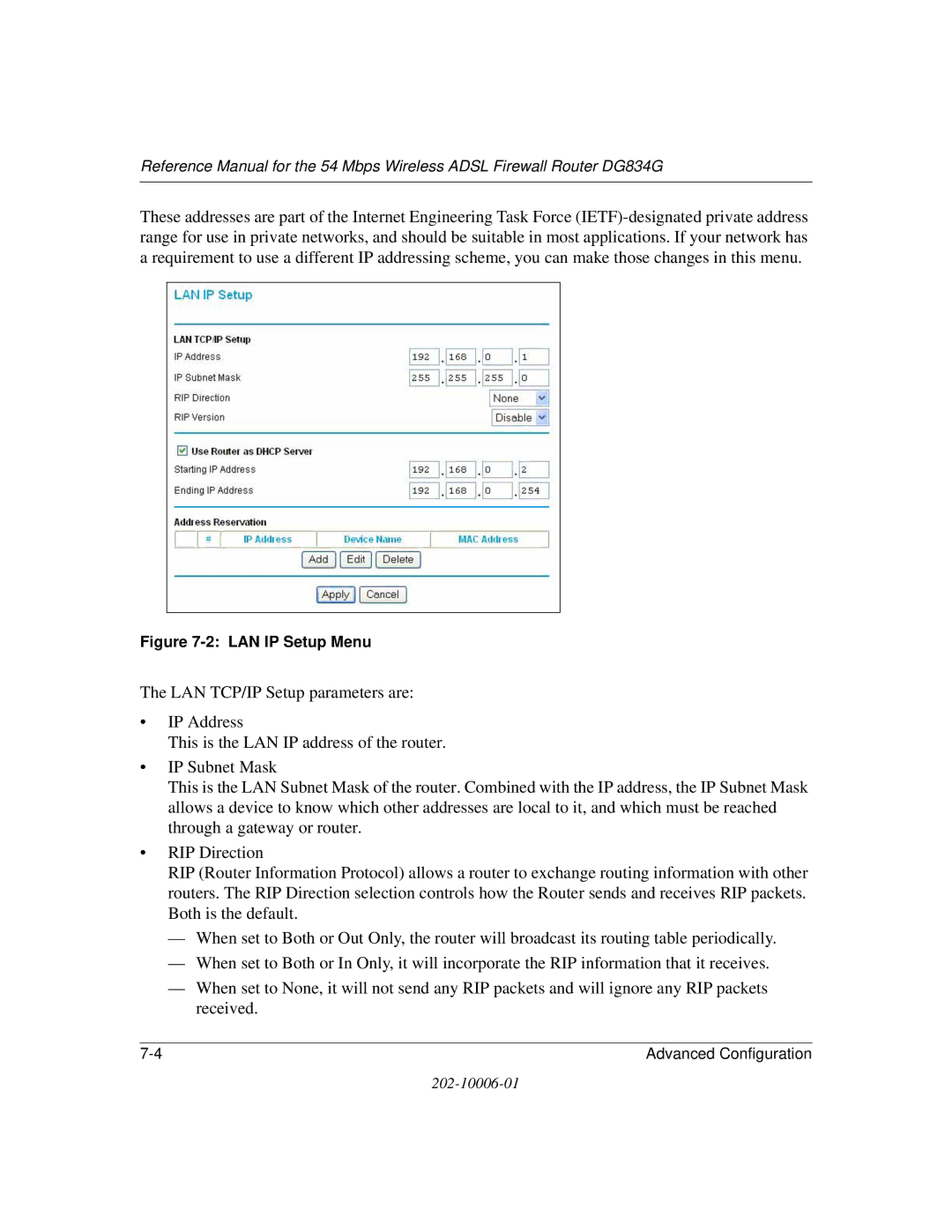 NETGEAR DG834G manual LAN IP Setup Menu 