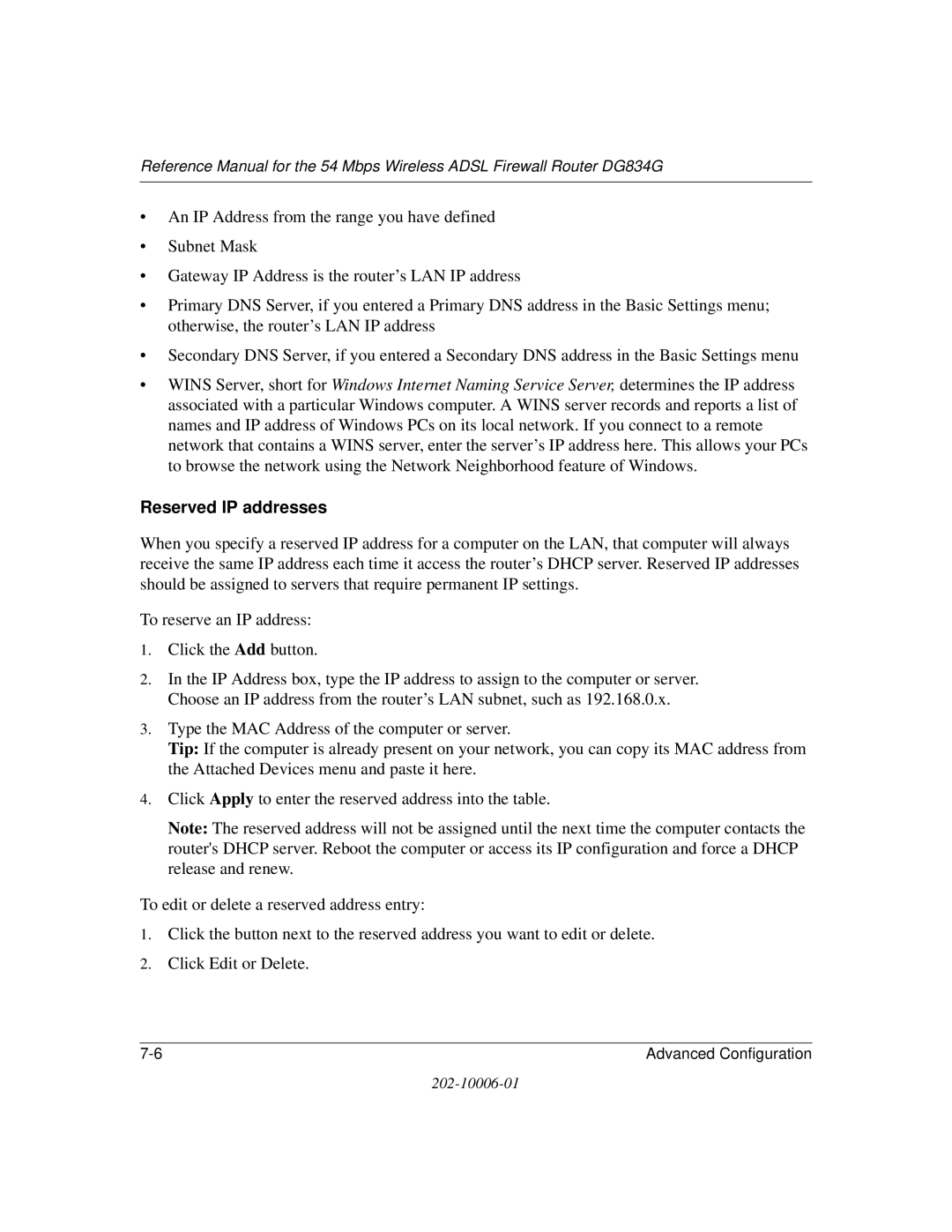 NETGEAR DG834G manual Reserved IP addresses 