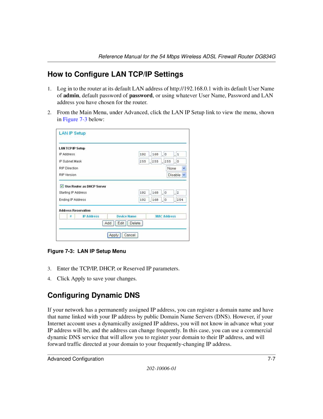 NETGEAR DG834G manual How to Configure LAN TCP/IP Settings, Configuring Dynamic DNS 