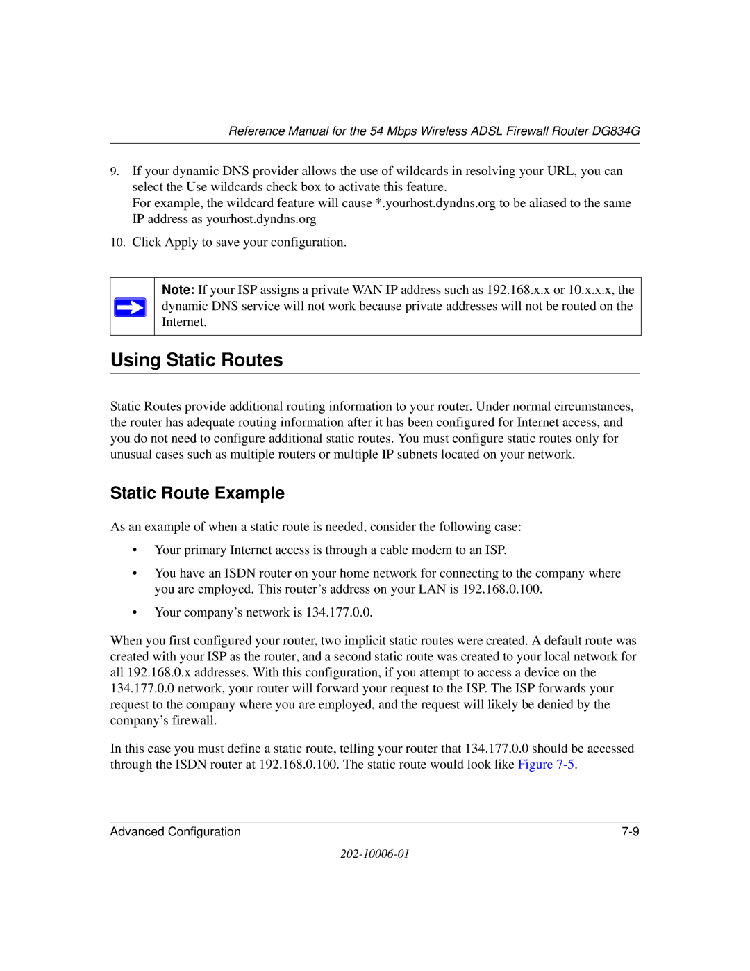 NETGEAR DG834G manual Using Static Routes, Static Route Example 