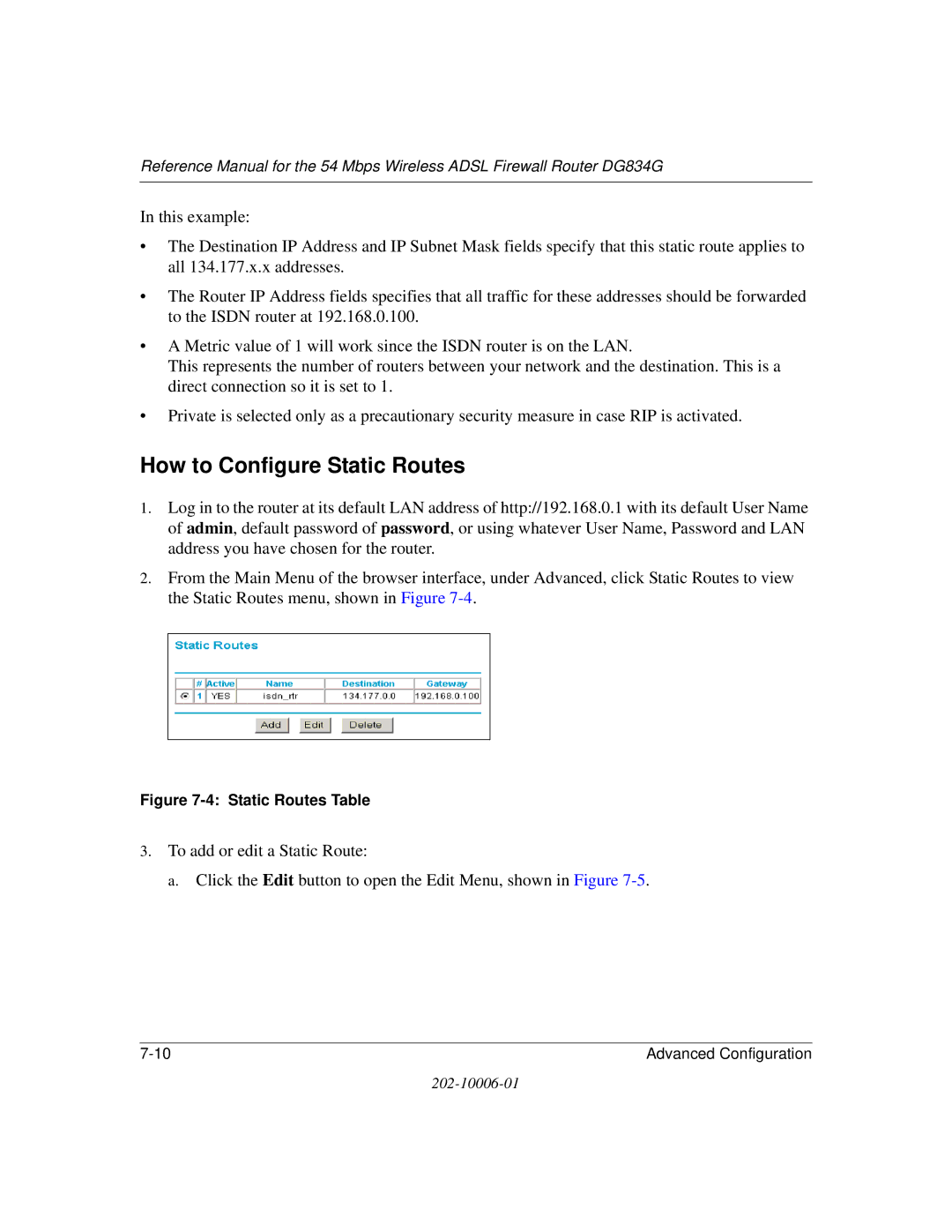 NETGEAR DG834G manual How to Configure Static Routes, Static Routes Table 