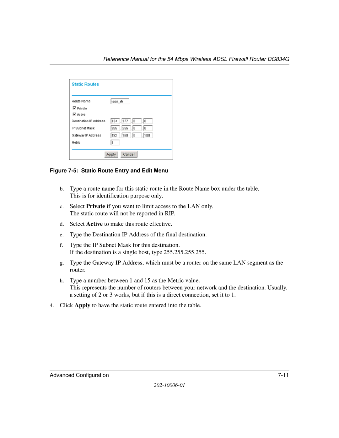 NETGEAR DG834G manual Static Route Entry and Edit Menu 