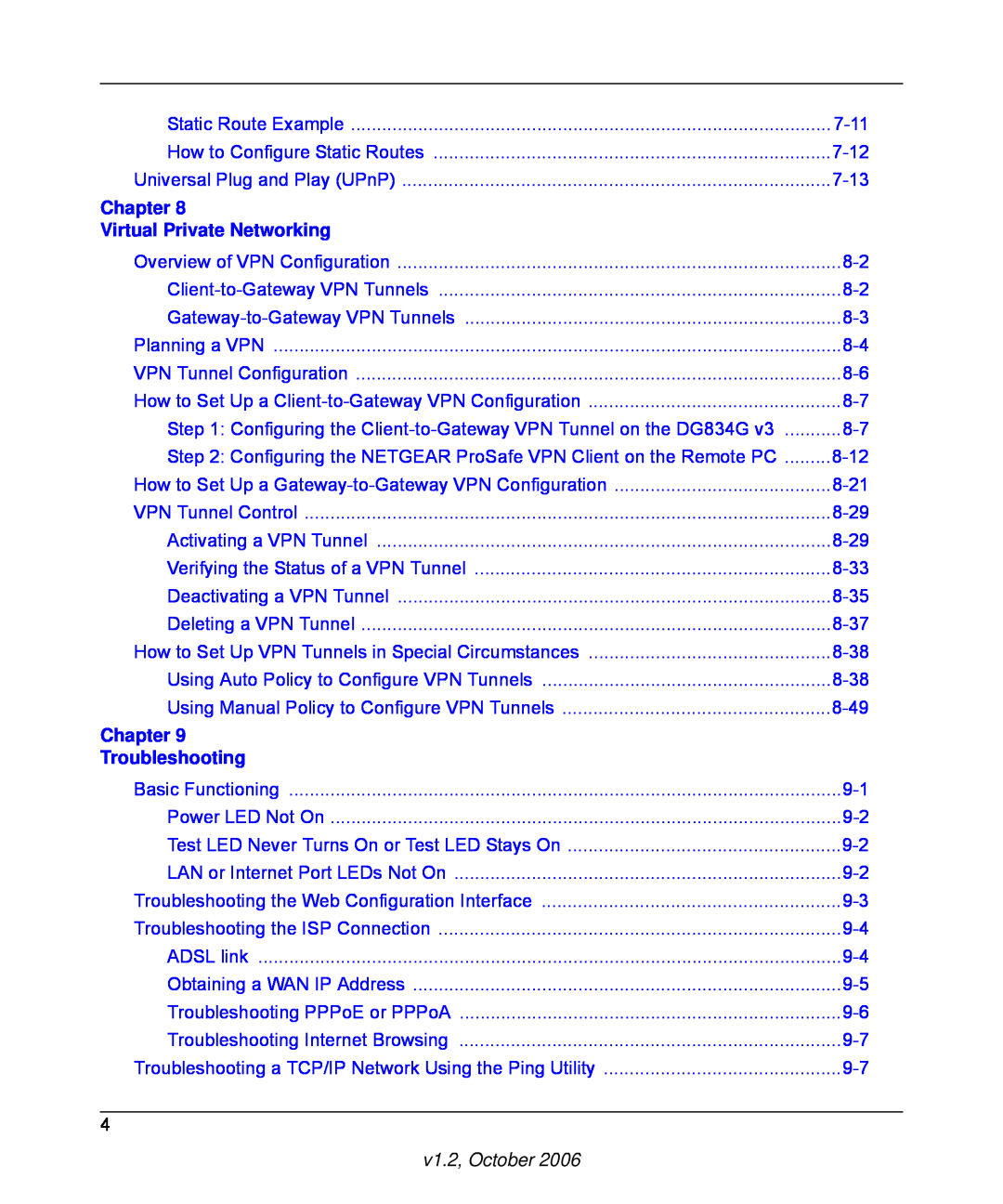 NETGEAR DG834G manual Chapter, Virtual Private Networking, Troubleshooting, v1.2, October 