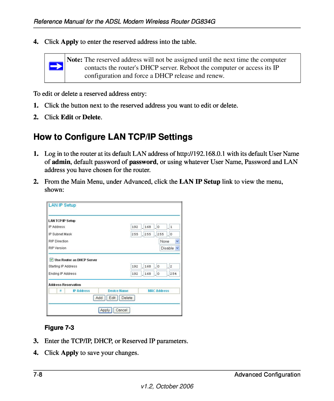 NETGEAR DG834G manual How to Configure LAN TCP/IP Settings, Click Edit or Delete 