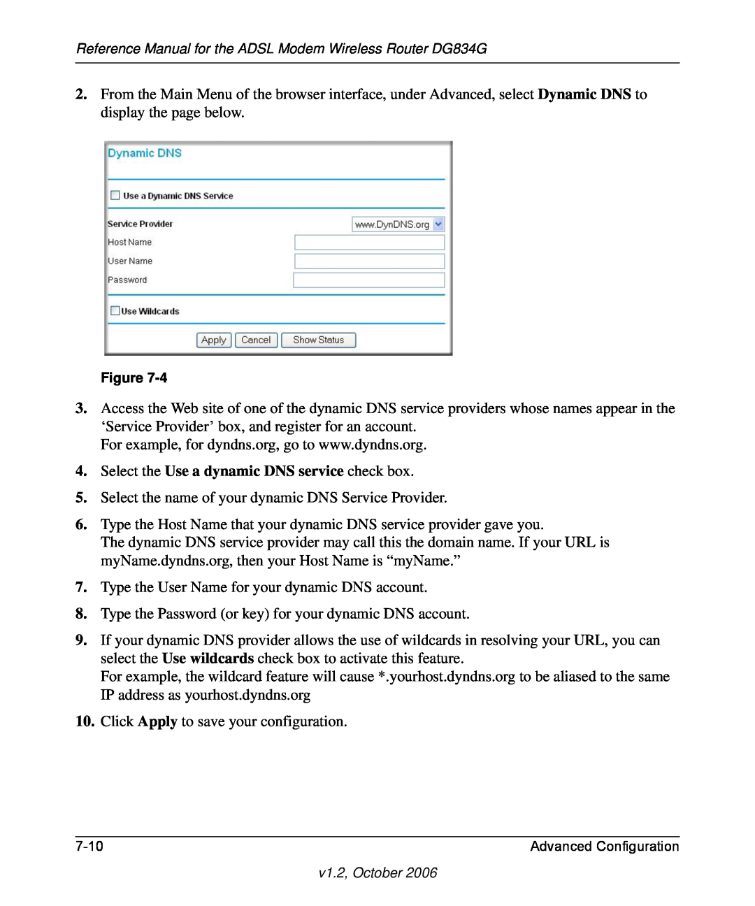 NETGEAR DG834G manual Select the Use a dynamic DNS service check box 