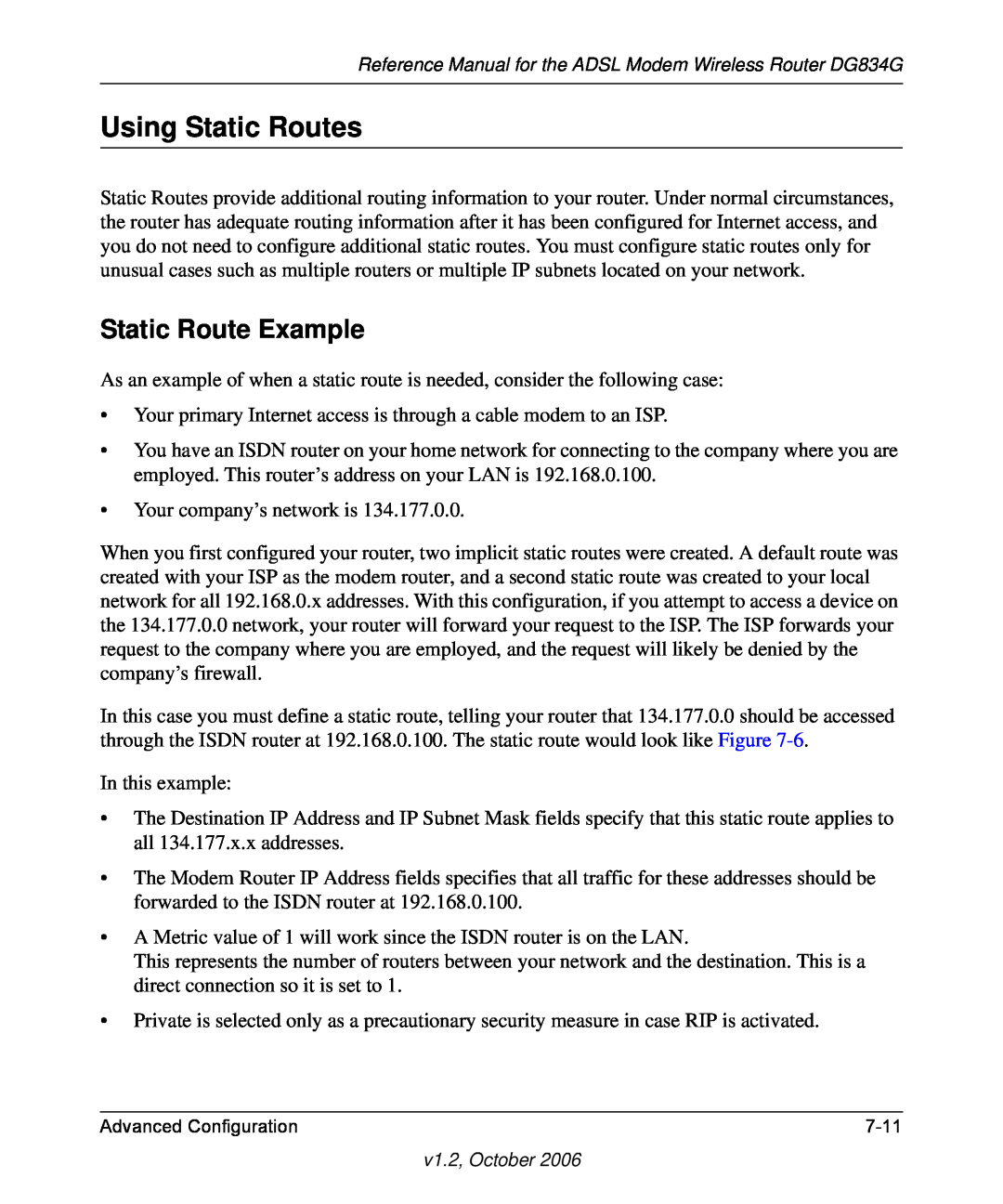 NETGEAR DG834G manual Using Static Routes, Static Route Example 