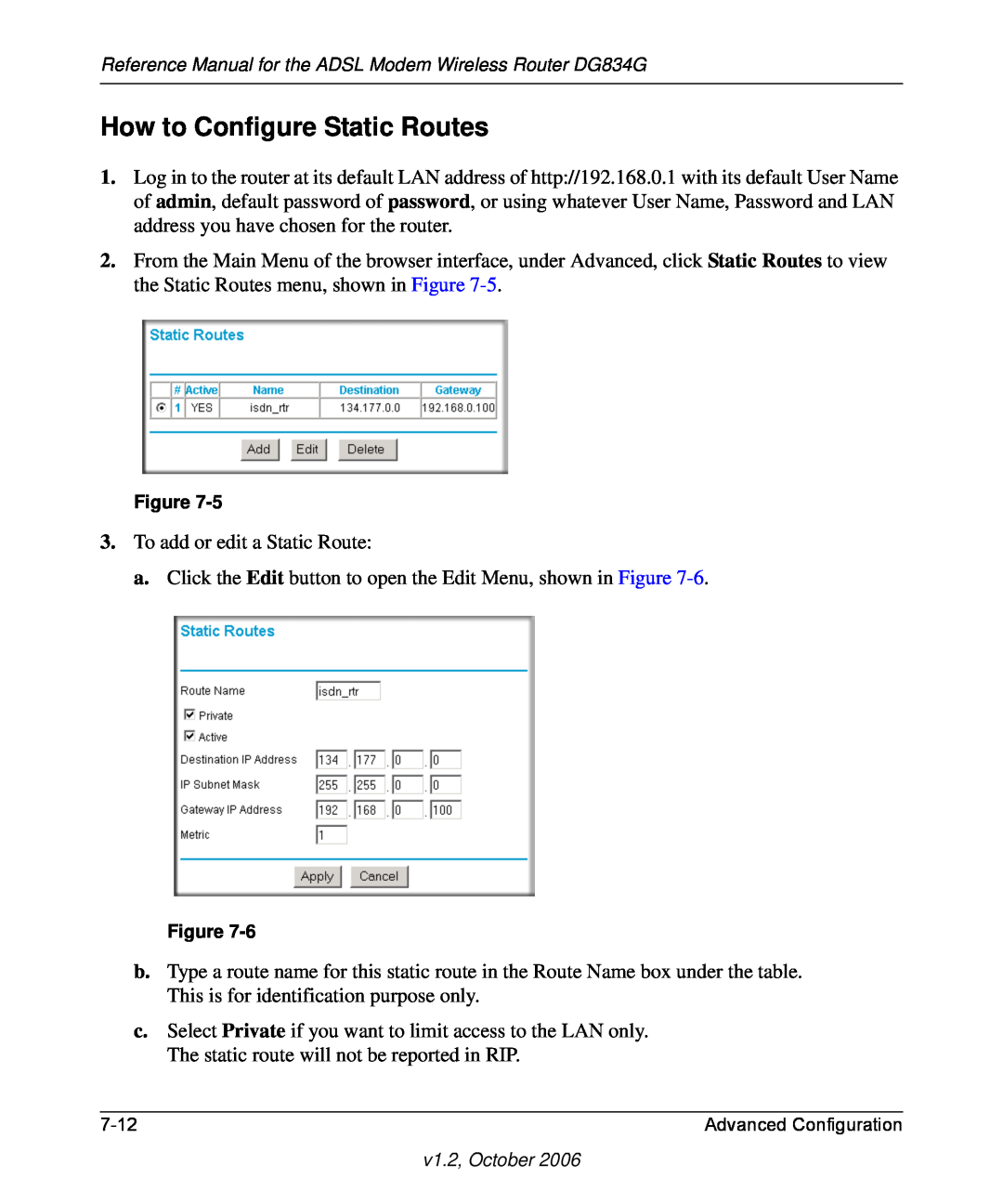 NETGEAR DG834G manual How to Configure Static Routes 