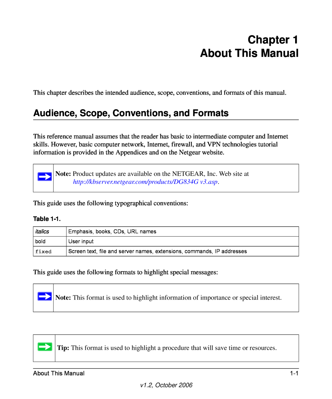 NETGEAR DG834G manual Chapter About This Manual, Audience, Scope, Conventions, and Formats 