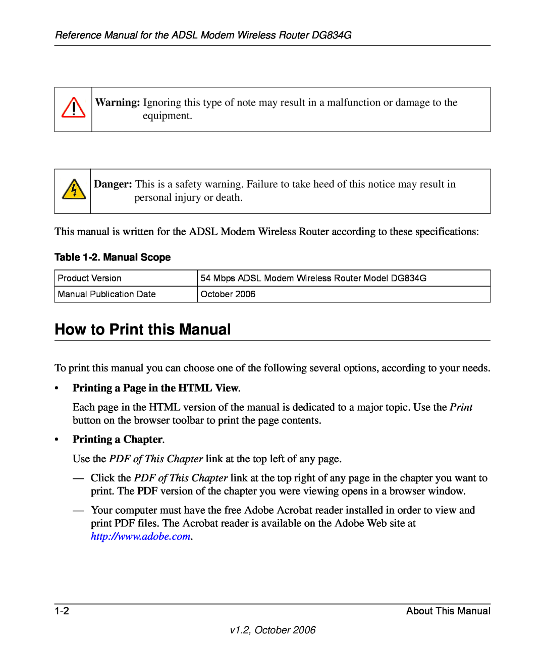 NETGEAR DG834G manual How to Print this Manual, Printing a Page in the HTML View, Printing a Chapter 
