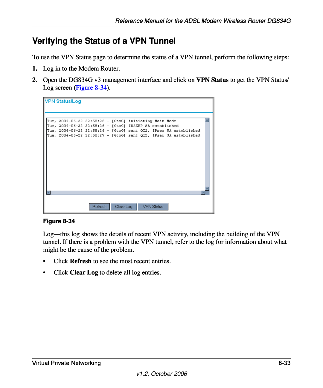 NETGEAR DG834G manual Verifying the Status of a VPN Tunnel 