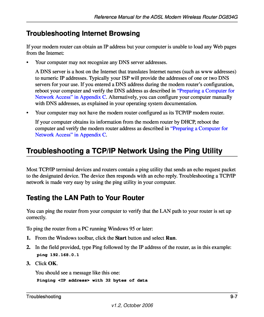 NETGEAR DG834G manual Troubleshooting a TCP/IP Network Using the Ping Utility, Troubleshooting Internet Browsing 