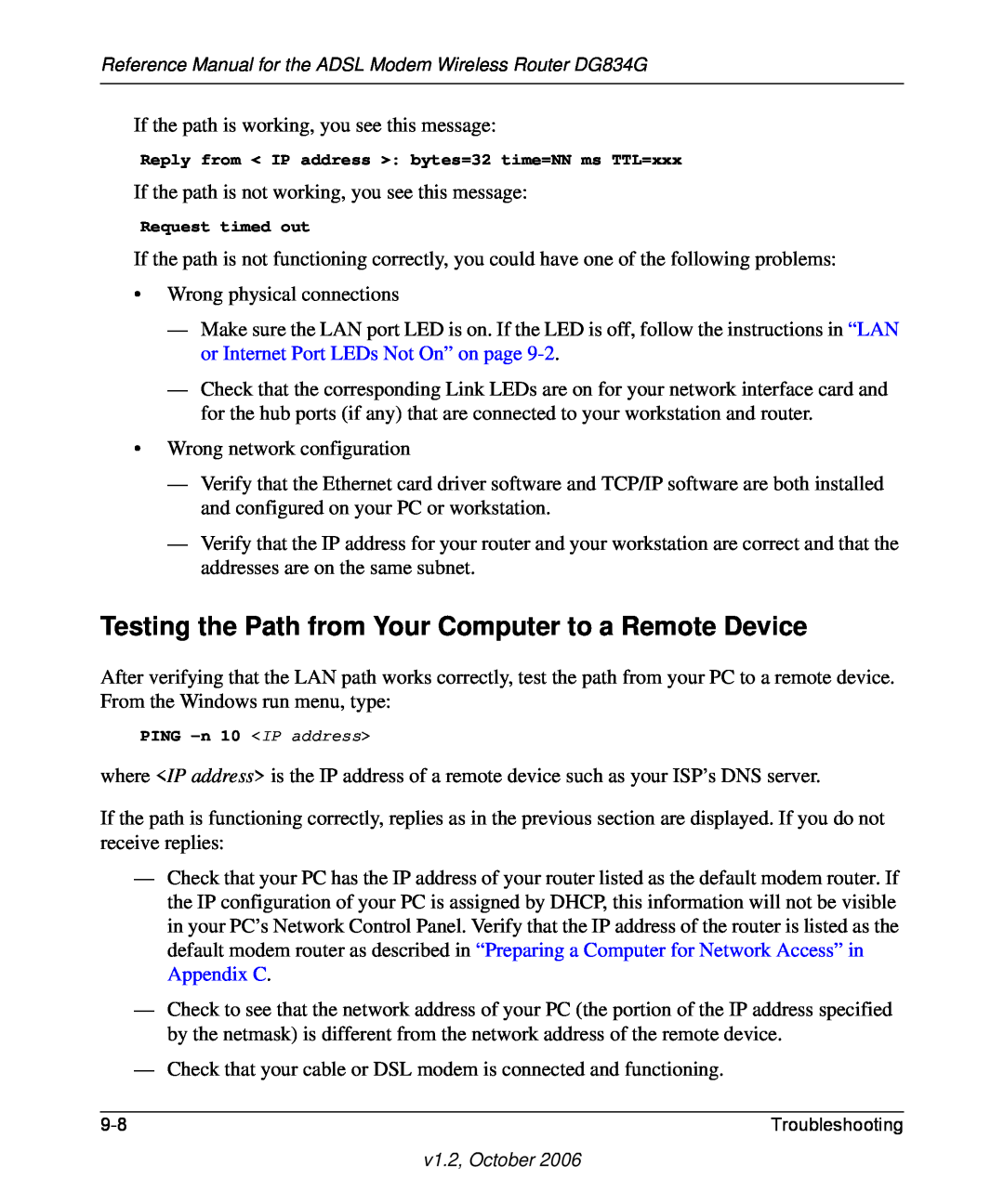 NETGEAR DG834G manual Testing the Path from Your Computer to a Remote Device 