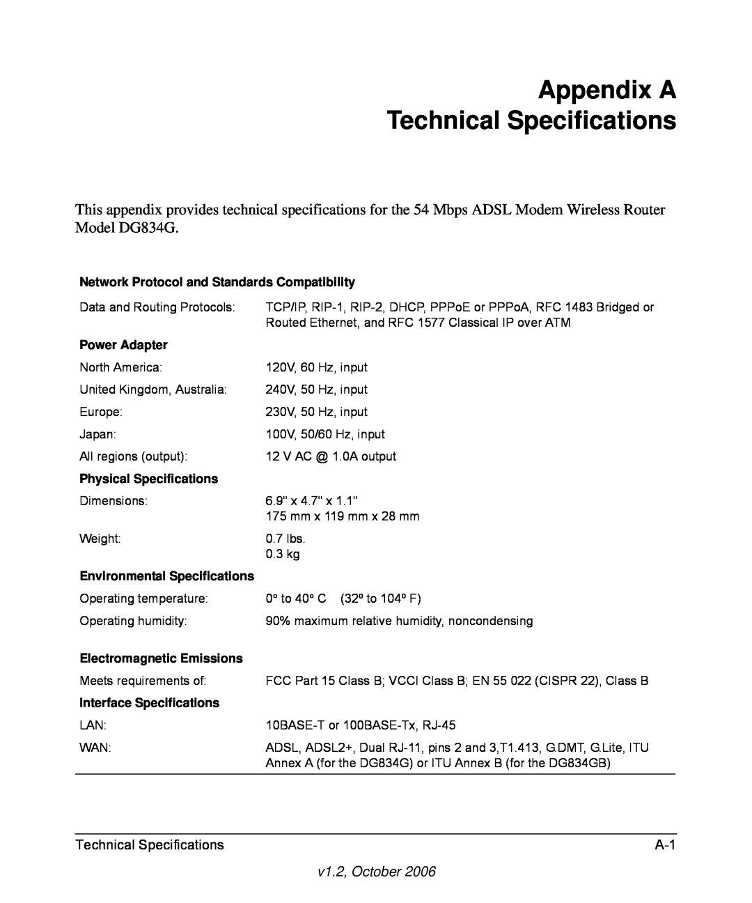 NETGEAR DG834G manual Appendix A Technical Specifications, v1.2, October 