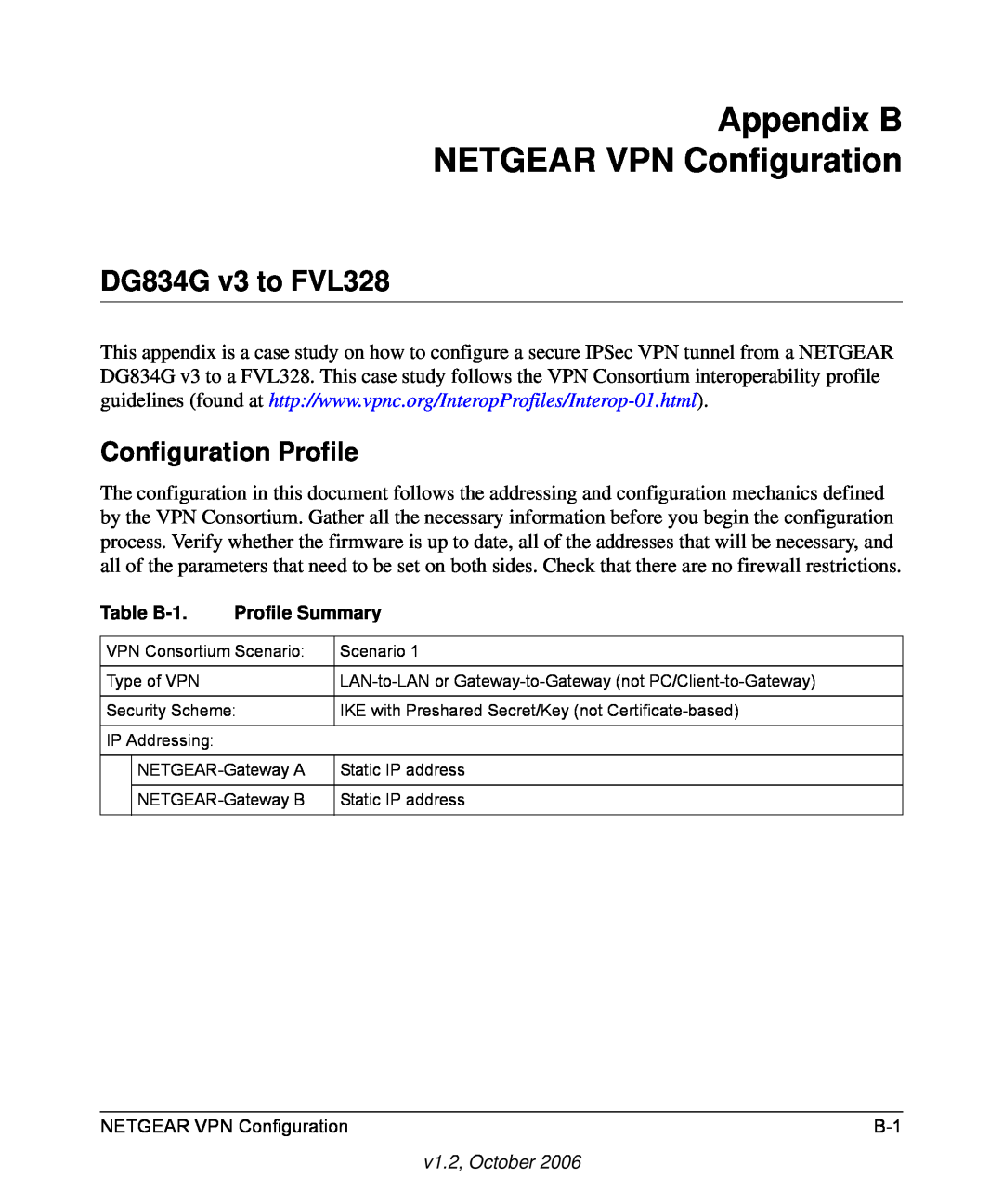 NETGEAR manual Appendix B NETGEAR VPN Configuration, DG834G v3 to FVL328, Configuration Profile 
