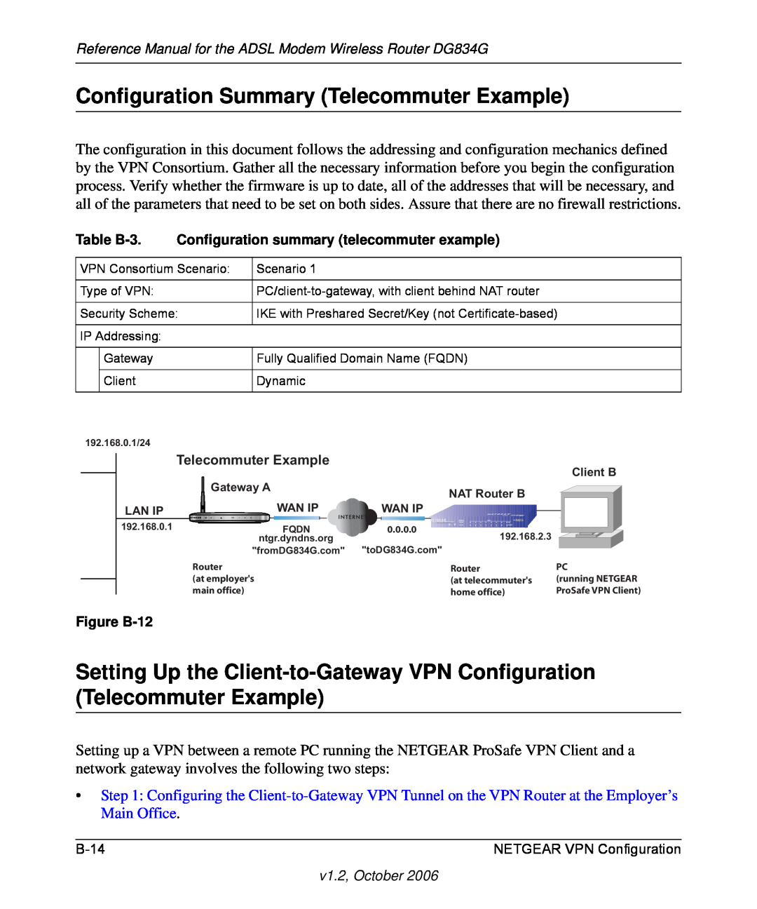 NETGEAR DG834G manual Configuration Summary Telecommuter Example, Configuring the Client-to- Main Office 