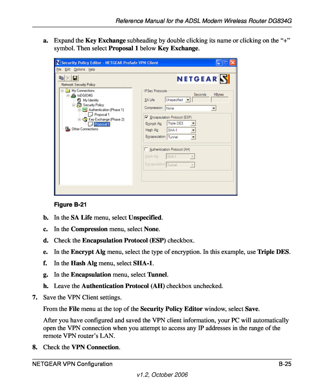 NETGEAR DG834G manual d. Check the Encapsulation Protocol ESP checkbox, Check the VPN Connection, Figure B-21 