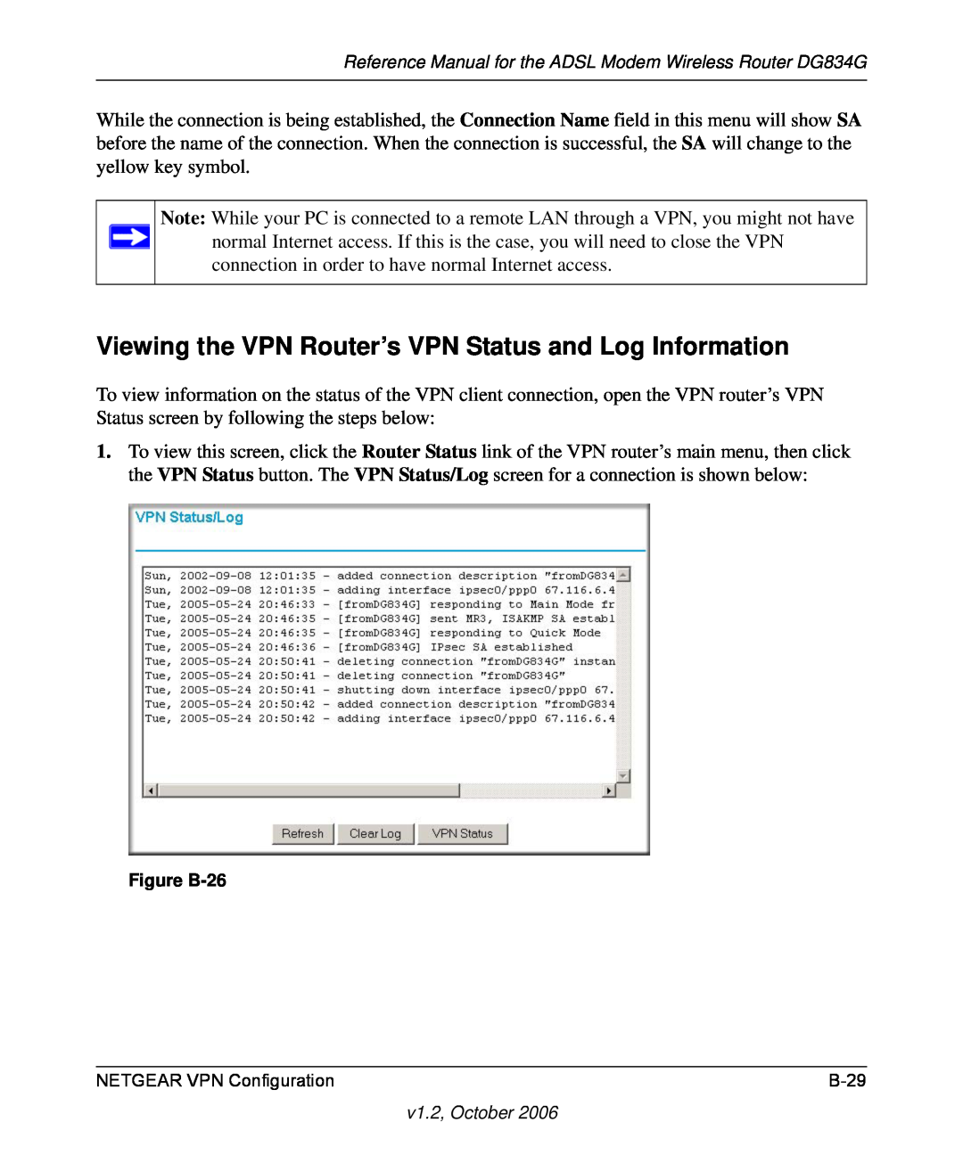 NETGEAR DG834G manual Viewing the VPN Router’s VPN Status and Log Information, Figure B-26 