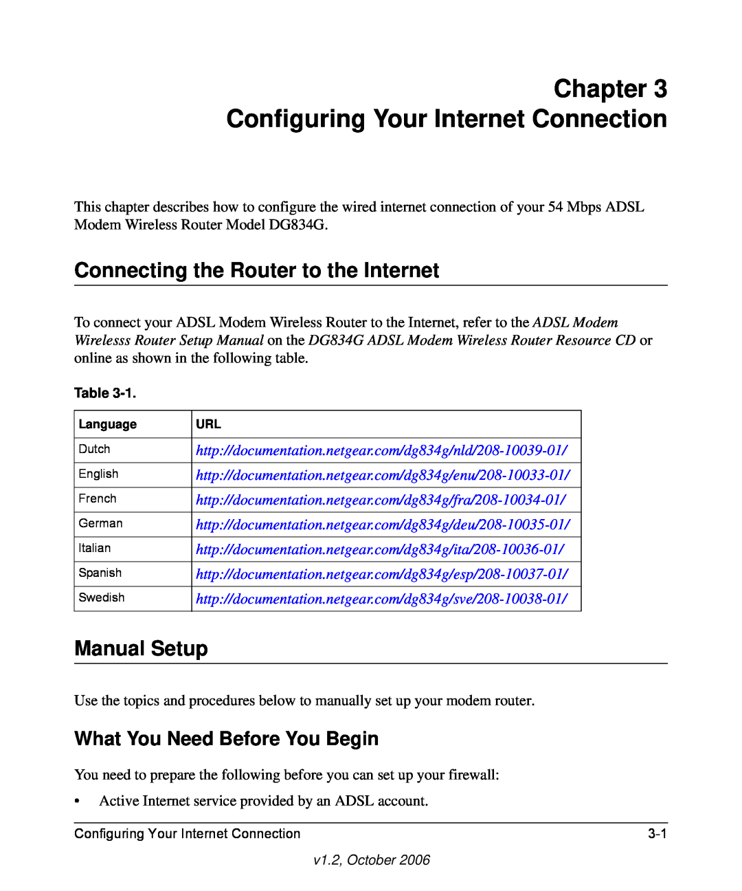NETGEAR DG834G manual Chapter Configuring Your Internet Connection, Connecting the Router to the Internet, Manual Setup 