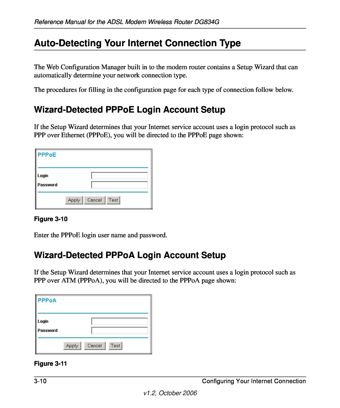 NETGEAR DG834G manual Auto-Detecting Your Internet Connection Type, Wizard-Detected PPPoE Login Account Setup 